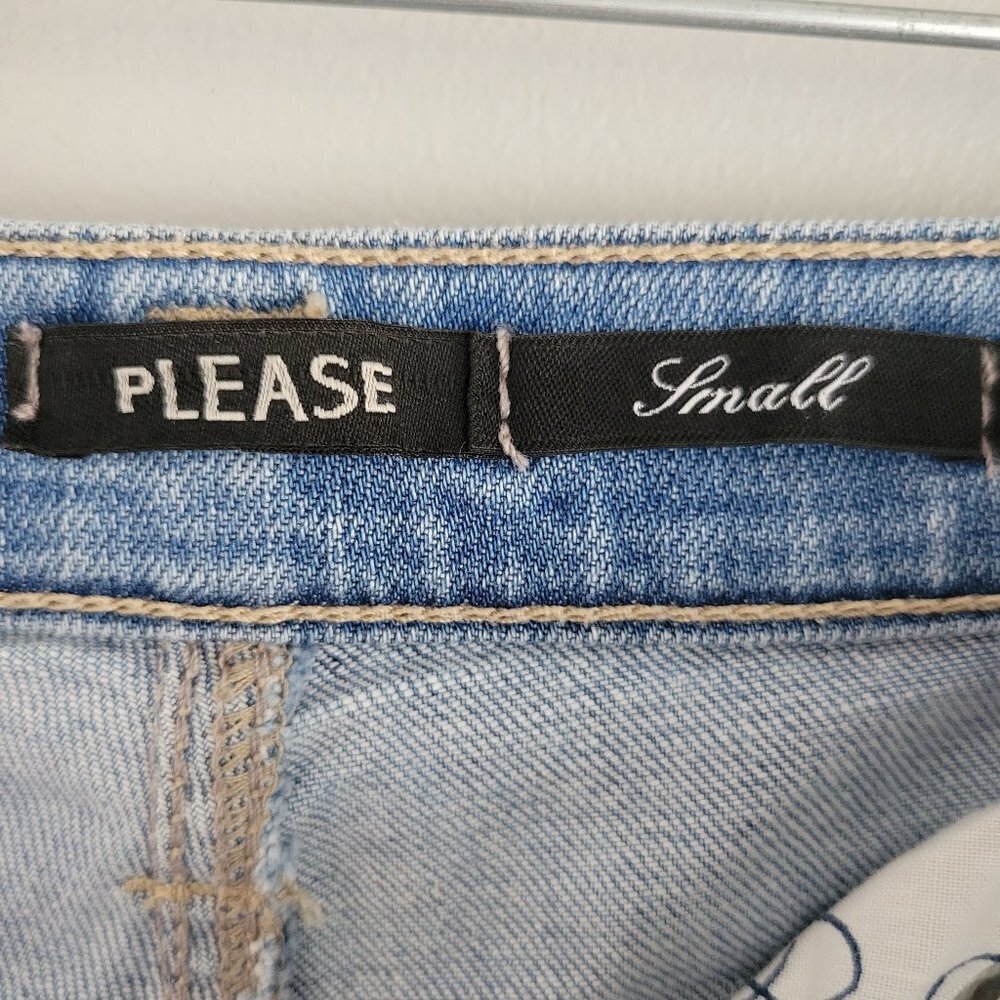 PLEASE Distressed Jean Shorts with ruffle bottom Size Small - Picture 7 of 7